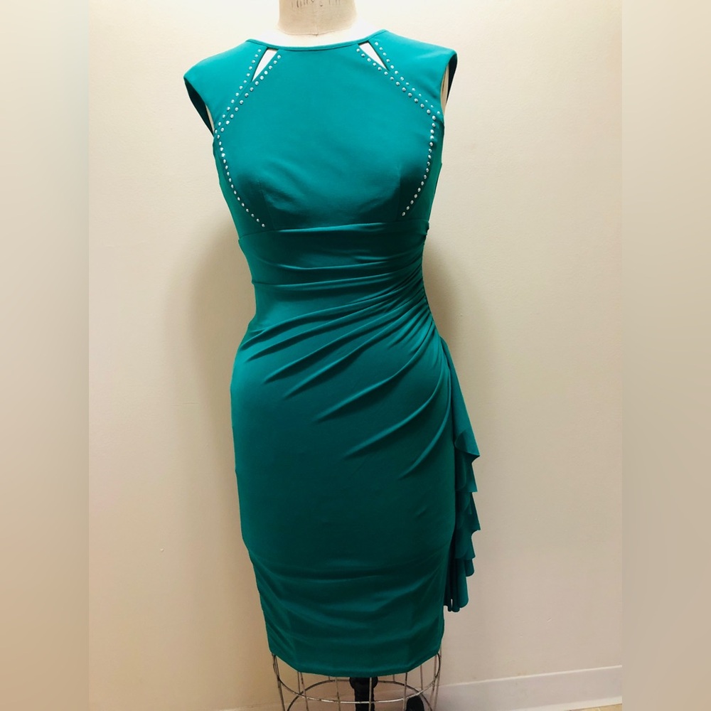 Betsy & Adam Elegant Stretchy  Cascade Midi Dress